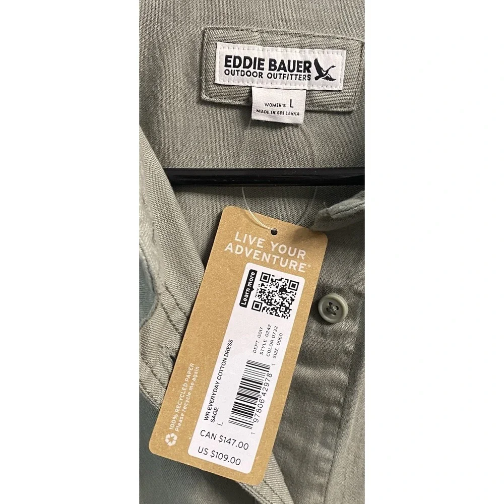 Eddie Bauer Womens 100% Cotton Dress‎ Sage Green/Button Front/Short Sleeve L NWT